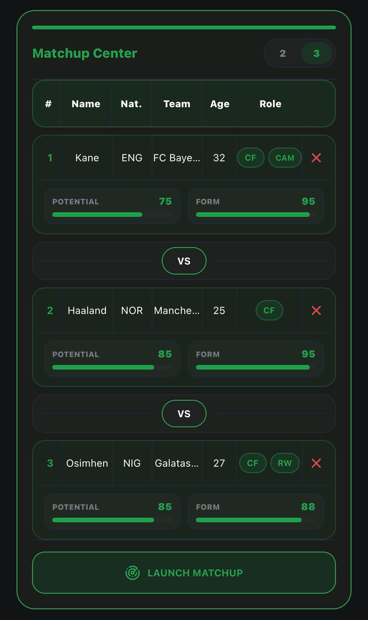 Matchup Center screen 1