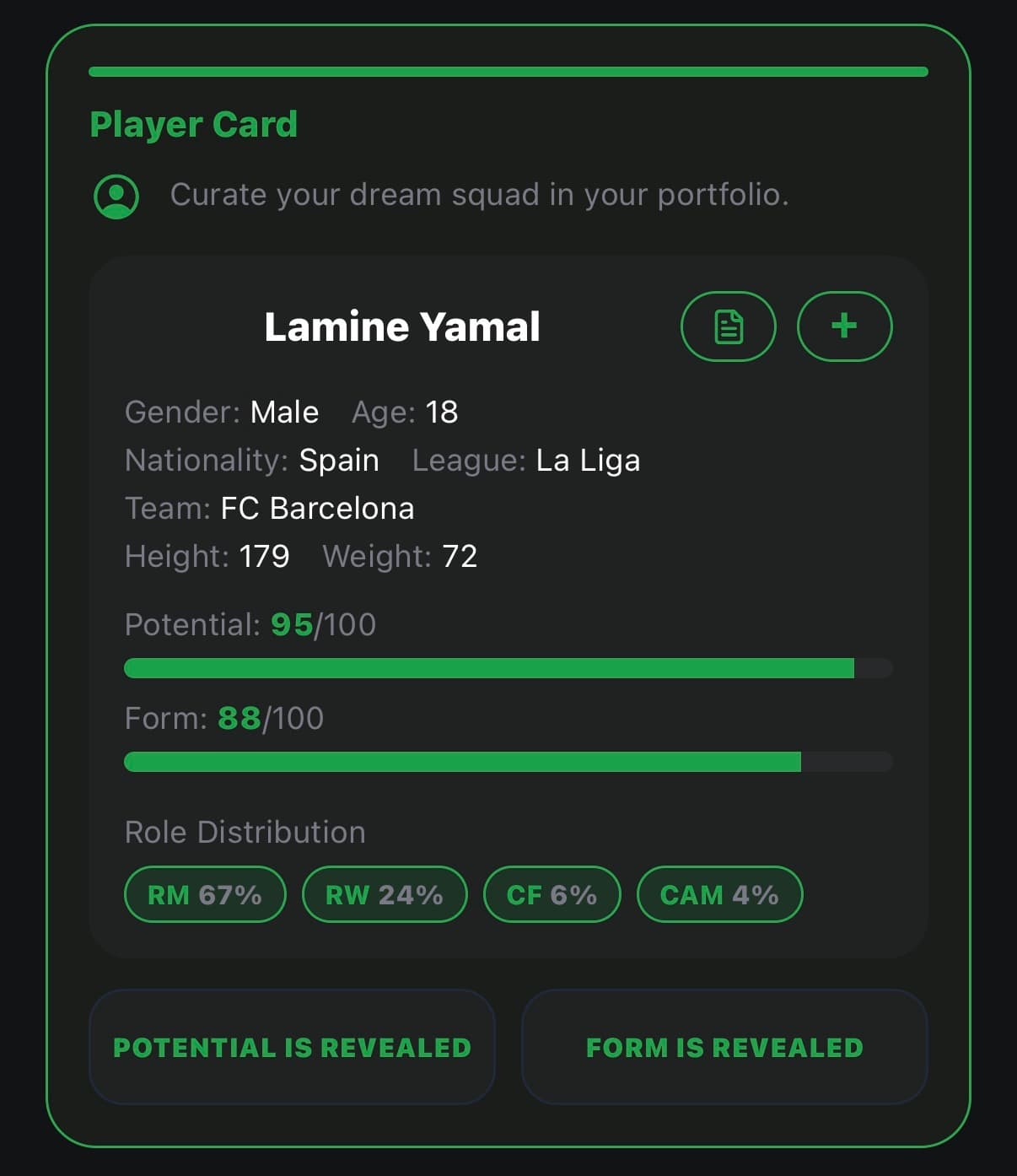 Player card screen