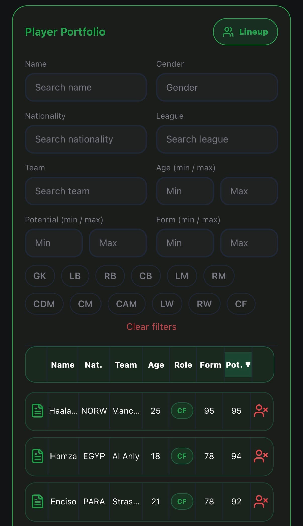 Player Portfolio screen