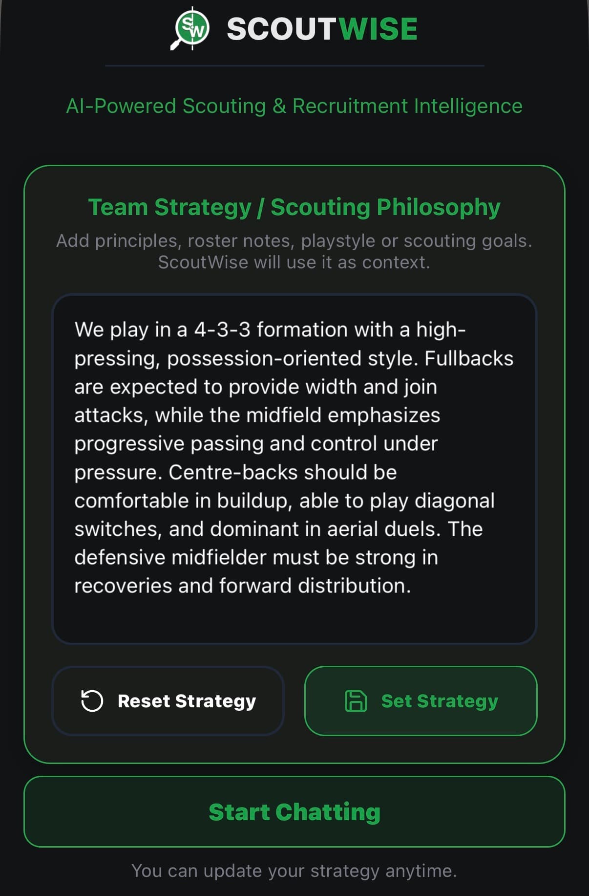 Team Strategy screen
