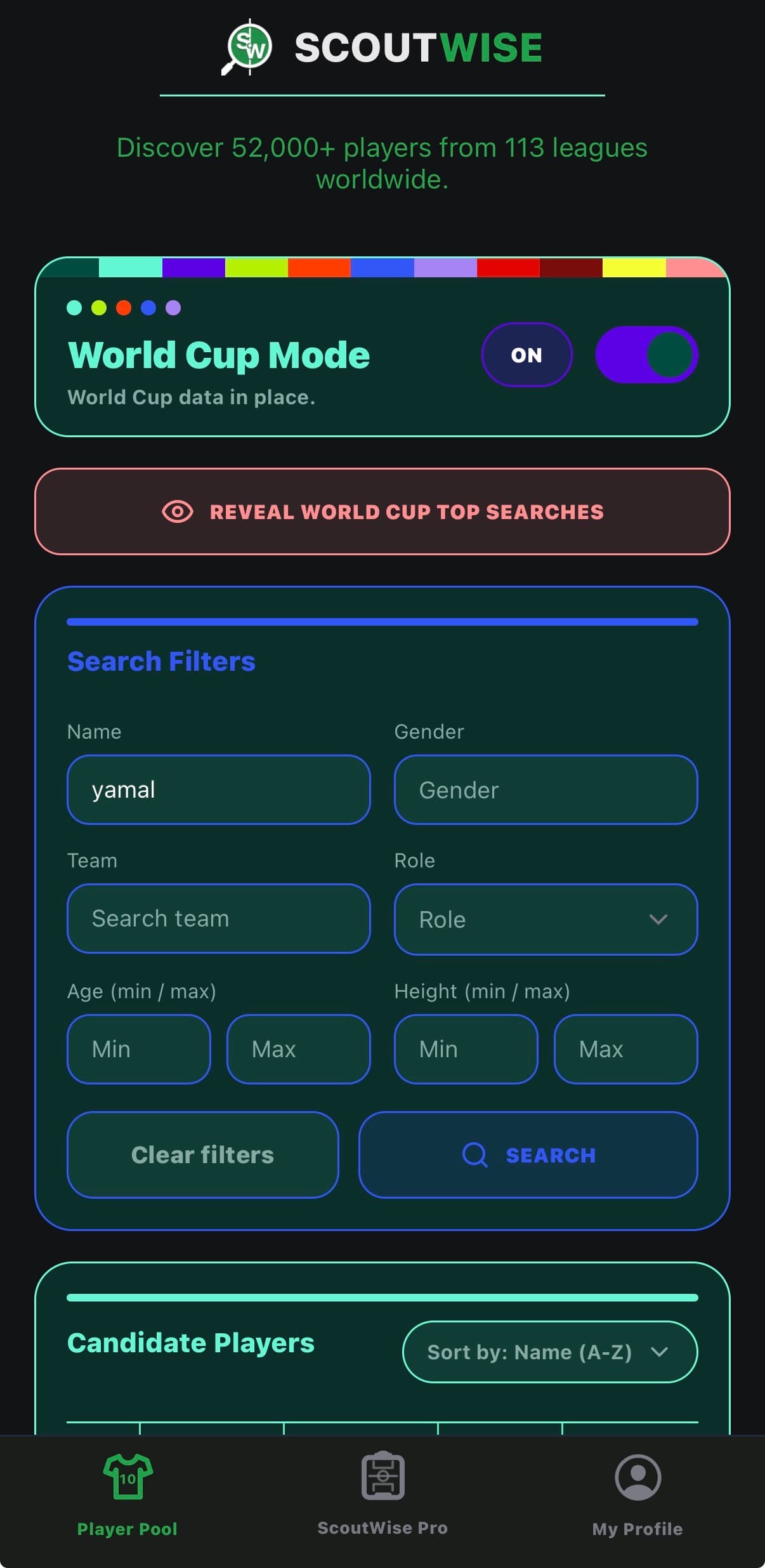 World Cup Mode screen 1